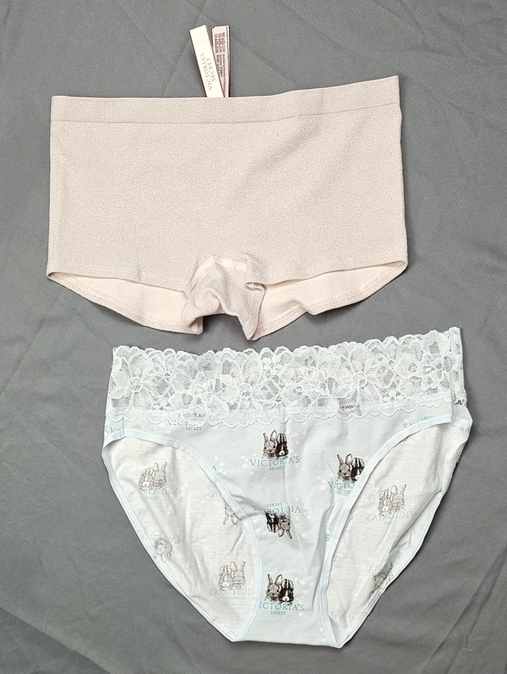 Victoria's Secret Sparkly Pink Boyshort & Lgt Blue Lace-Trim Hi Cut Panties Sz M